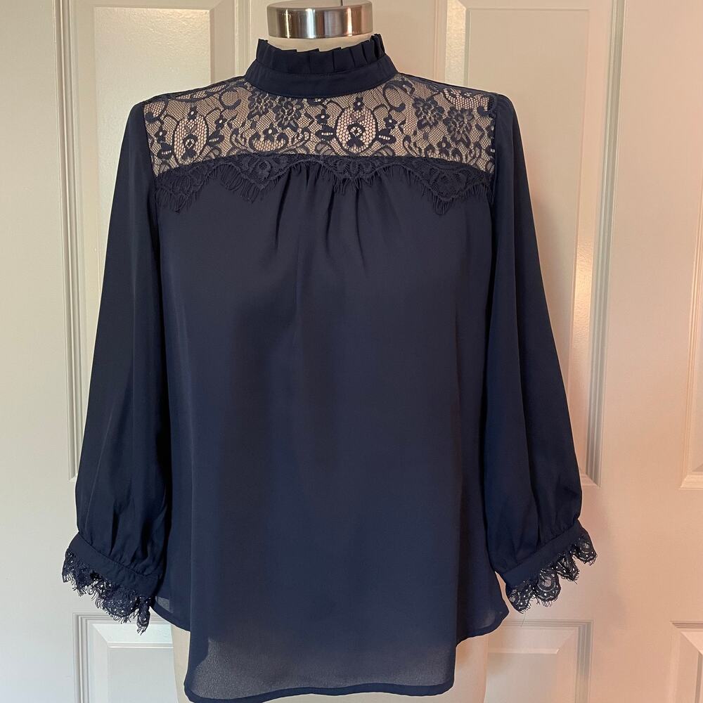 Love Letter Collection Navy Lace Trimmed Long Sleeve Blouse Womens Small